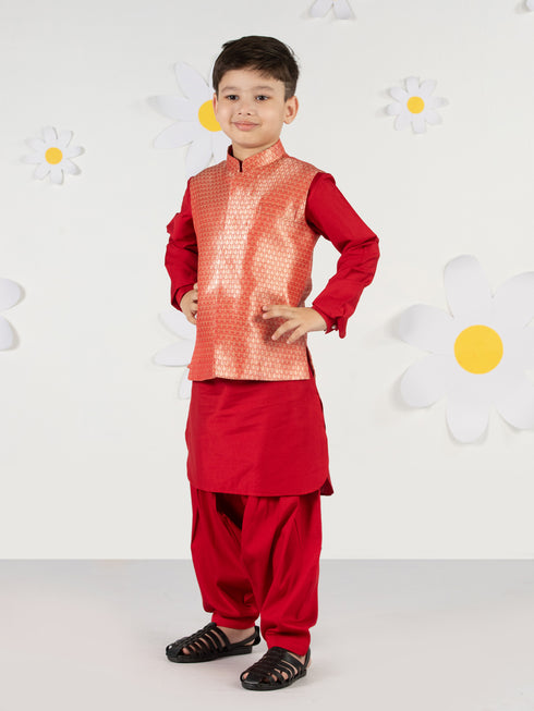 Boy's Red Brocade Nehru Jacket Set With Patiala